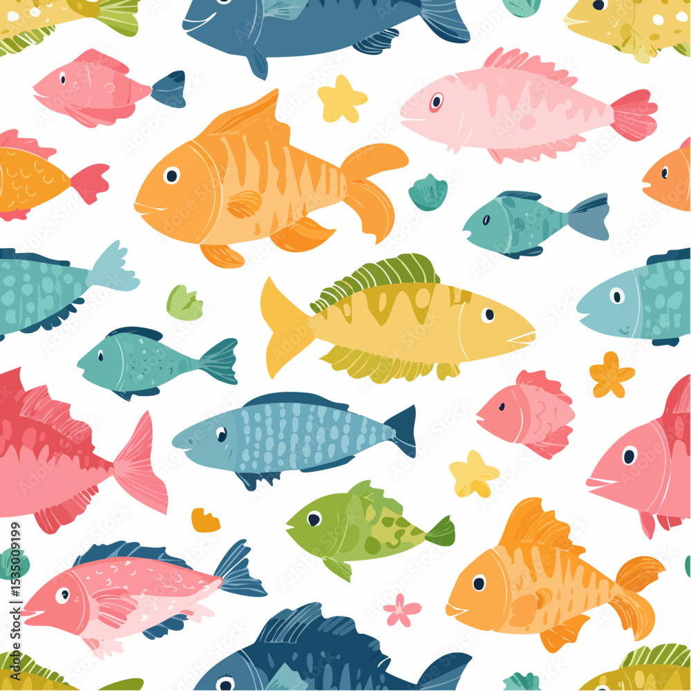 Fototapeta premium Colorful cute hand drawn fish cartoon seamless pattern