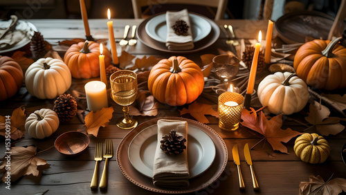 Elegant autumn or Thanksgiving table setup featuring pumpkins, candles, pinecones, and fall leaves on a rustic wooden table, styled for cozy seasonal decor.