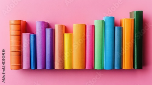 Colorful books arranged in a row against a pink background.