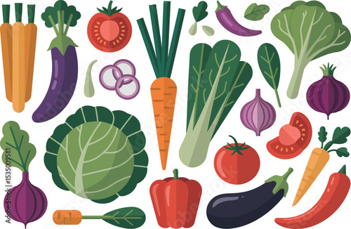 a diverse group of vegetables, including carrots, eggplant, tomatoes, onions, cabbage, peppers, and leeks, in a clean, flat illustration style.