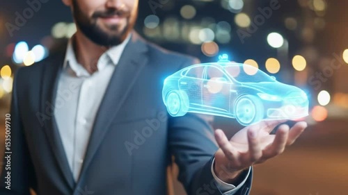 Wallpaper Mural A businessman presents a glowing blue digital car model, a futuristic vision of transportation, against a blurred city night backdrop Torontodigital.ca