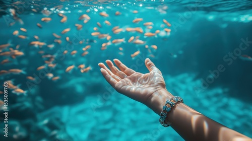 Hand reaching out to swimming fish