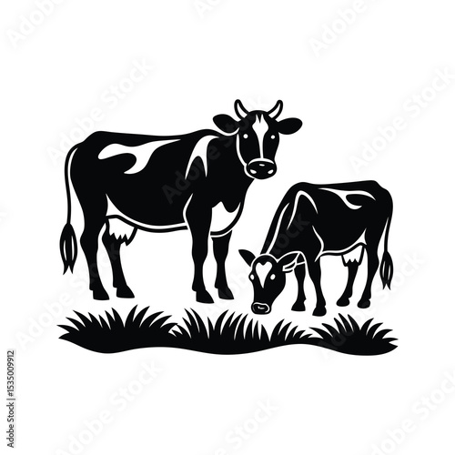 Flat and Minimal Cows Grazing in Grass warrior icon vector illustration