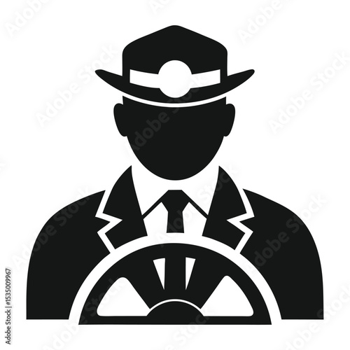 Silhouette of a ship captain with steering wheel in a professional black and white design