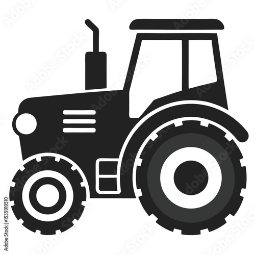 Simplified black and white vector illustration of a modern farm tractor for agricultural purposes