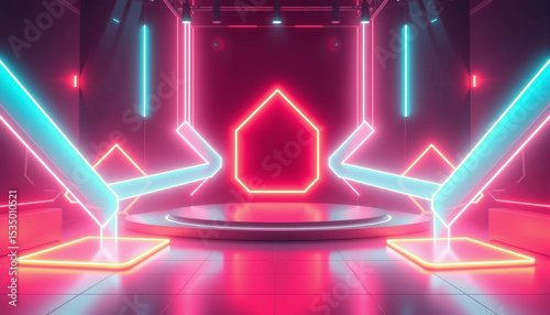 3D futuristic neon stage with glowing geometric shapes, perfect for product display, tech background, or presentation.