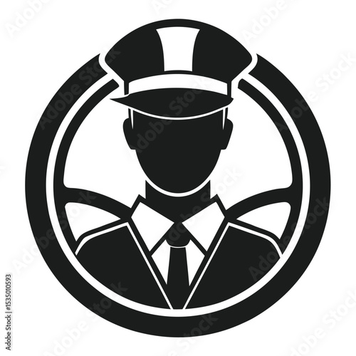 Stylized illustration of a taxi driver framed within a steering wheel in black and white