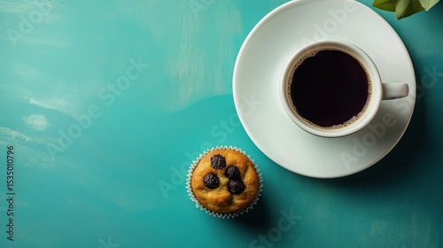 Coffee and muffin on a teal table