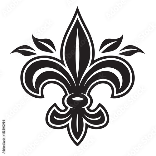 A black and white fleur de lis vector illustration with a floral design and leaf elements, perfect for a tattoo