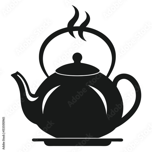 Black and white teapot illustration with steam ready for hot beverage brewing and serving