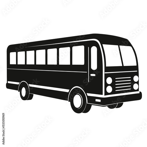 Black and white vector illustration of a classic passenger bus transportation vehicle