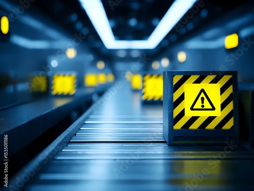 Warning Sign in Industrial Setting with Conveyor Belt Background