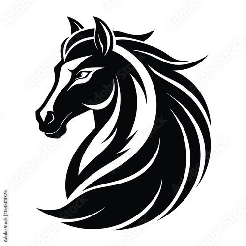 Elegant black and white vector illustration of a horse head profile with flowing mane