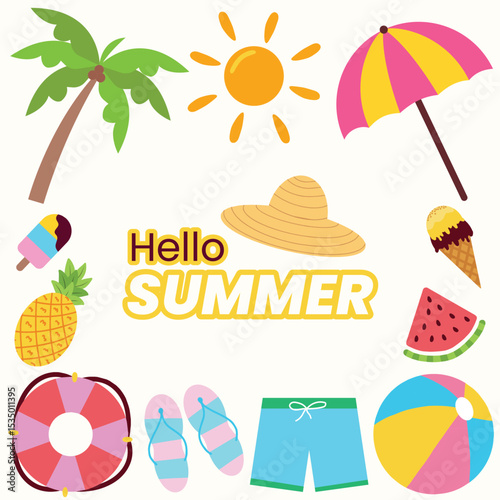 Summer set flat design. Collection of summer vacation.