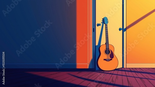 Guitar resting beside an open door