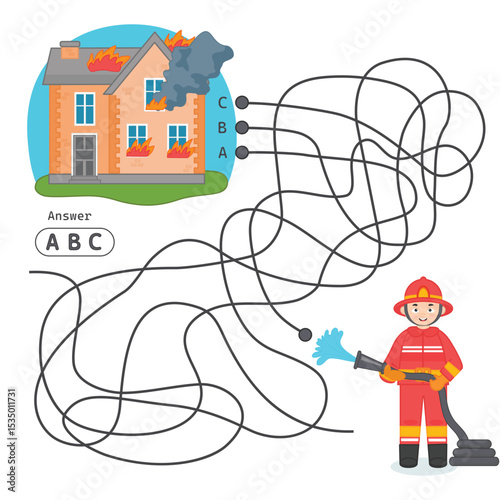 Game for preschool children. Labyrinth. Find the right path. Firefighter. Development of logical thinking. Printable Worksheets