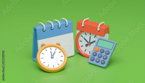 3D calendar, clock, and calculator icon illustrating time management, planning, and productivity concept in business.