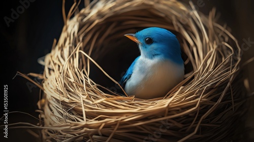 Colorful bird rests in its cozy nest