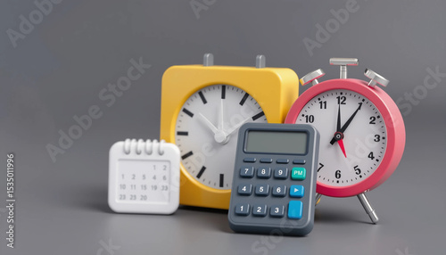3D calendar, clock, and calculator icon illustrating time management, planning, and productivity concept in business.