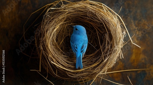 Beautiful blue bird in a straw nest