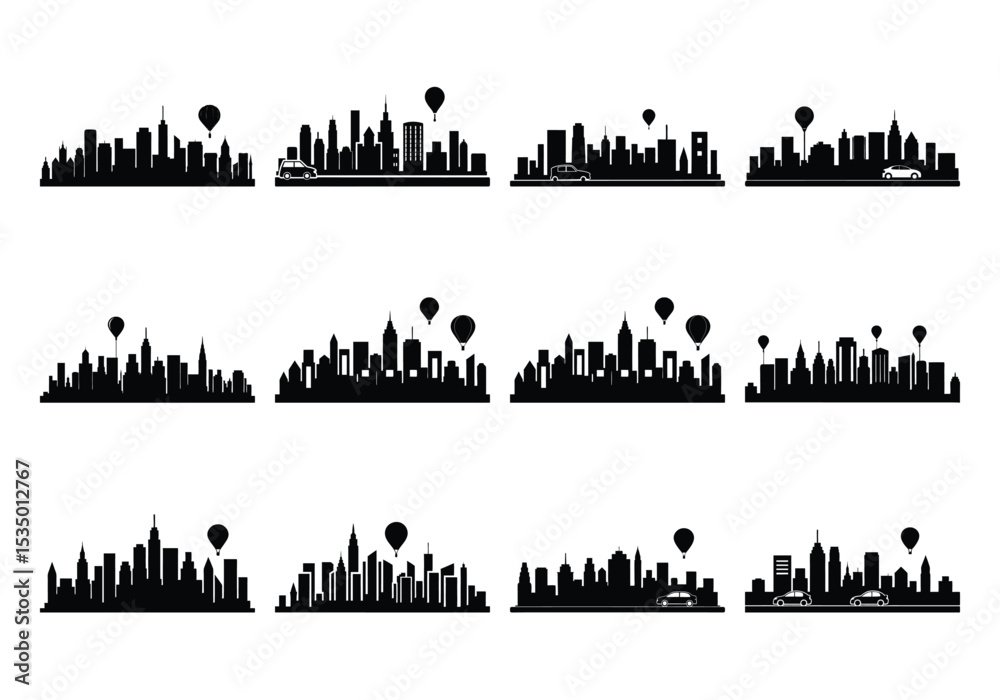 Obraz premium Modern city with traffic, cars, and an air balloon skyline silhouette set on a white background