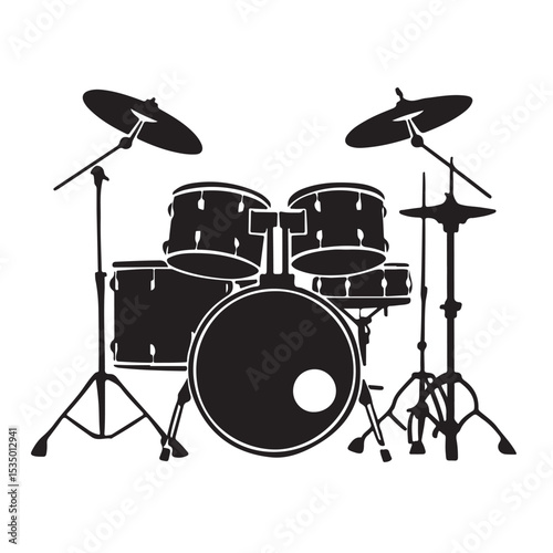 A dynamic photo of a drum kit with sticks, isolated on white, perfect for music studio and rock percussion themes