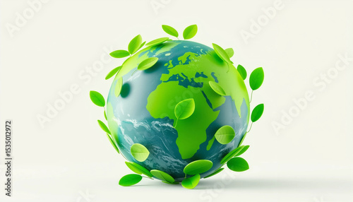 3D earth with green leaves symbolizing eco-friendly concept, sustainability, and environmental protection.