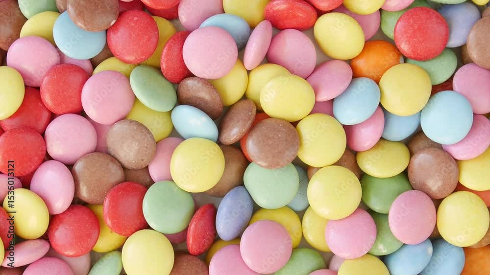 Pastel-colored candies arranged in dynamic patterns, creating vibrant visual composition highlighting sweet confectionery textures and colors.
