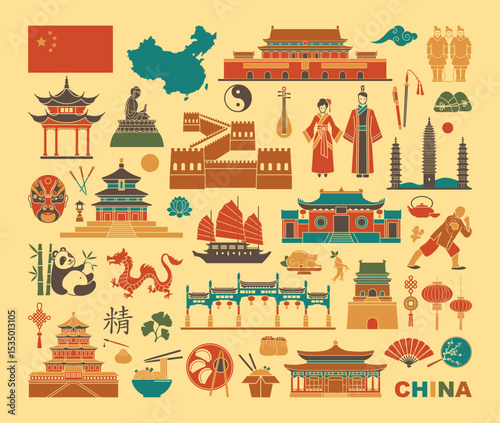 Set of flat icons about China with landmarks food culture medicine and traditional symbols