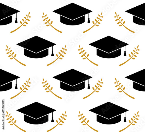 Seamless graduation pattern with caps and golden branches on white background