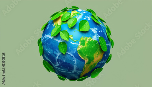 3D earth with green leaves symbolizing eco-friendly concept, sustainability, and environmental protection.