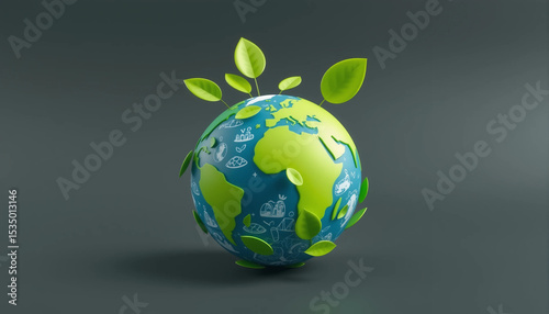 3D earth with green leaves symbolizing eco-friendly concept, sustainability, and environmental protection.