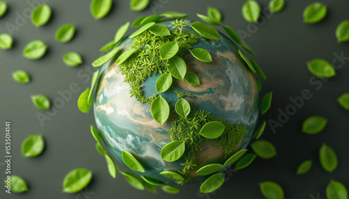 3D earth with green leaves symbolizing eco-friendly concept, sustainability, and environmental protection.