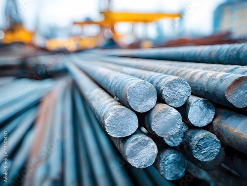 Steel Rods in Construction Site with Blurred Background Elements