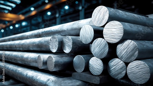 Close-up View of Steel Rods Stacked in Industrial Warehouse Setting