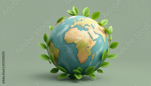 3D earth with green leaves symbolizing eco-friendly concept, sustainability, and environmental protection.