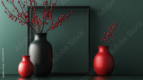 Vases with red berries on green backdrop