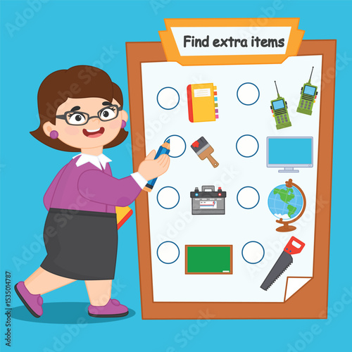 Game for children. Identify the extra object in the picture. Studying professions: teacher. Vector illustration for print