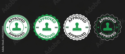 Approved Stamp Seals in Green and Black on Black Background | Set of Graphic Icons for Verification, Quality Assurance and Compliance Marketing