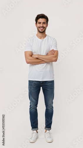 Full length of confident Finnish man smiling in a casual outfit in a white tshirt and jeans standing with his arm and leg crossed on plain white background