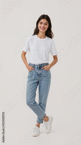 Full length of confident South Korean woman smiling in a casual outfit in a white tshirt and jeans standing with her arm and leg crossed on plain white background