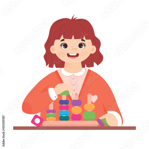 Cute girl plays with a sorter or pyramid. Vector illustration can be used for poster, illustration, logo