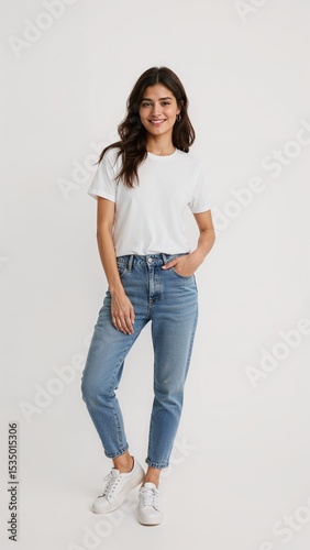 Full length of confident Greek woman smiling in a casual outfit in a white tshirt and jeans standing with her arm and leg crossed on plain white background