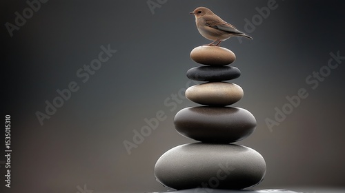 Bird perched on stacked stones at dusk