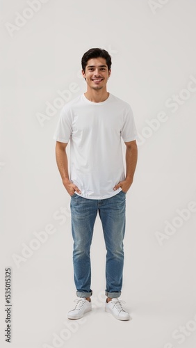 Full length of confident Indonesian man smiling in a casual outfit in a white tshirt and jeans standing with his arm and leg crossed on plain white background