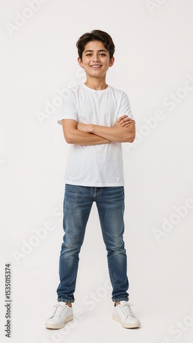Full length of confident Jordanian boy smiling in a casual outfit in a white tshirt and jeans standing with his arm and leg crossed on plain white background