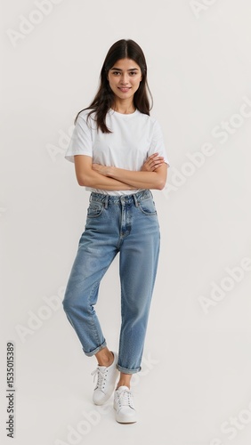 Full length of confident Malaysian teenage girl smiling in a casual outfit in a white tshirt and jeans standing with her arm and leg crossed on plain white background