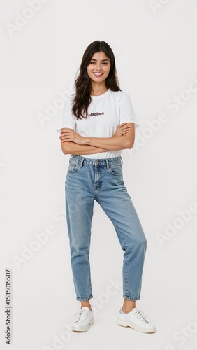 Full length of confident Pakistani teenage girl smiling in a casual outfit in a white tshirt and jeans standing with her arm and leg crossed on plain white background