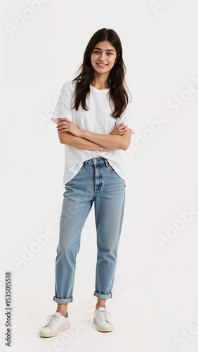 Full length of confident Pakistani teenage girl smiling in a casual outfit in a white tshirt and jeans standing with her arm and leg crossed on plain white background