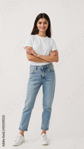 Full length of confident Pakistani teenage girl smiling in a casual outfit in a white tshirt and jeans standing with her arm and leg crossed on plain white background